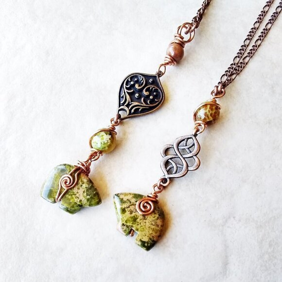 Unique Unakite Jasper Bear "Y" + Copper Necklace! 4 Wire Wrapped Beaded Sections - Picture 14 of 14